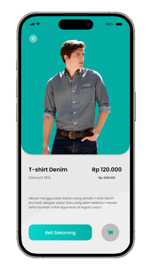 FATAH product details screen for a denim shirt