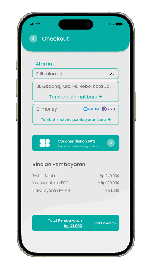 FATAH checkout screen with address, payment, voucher, and order summary