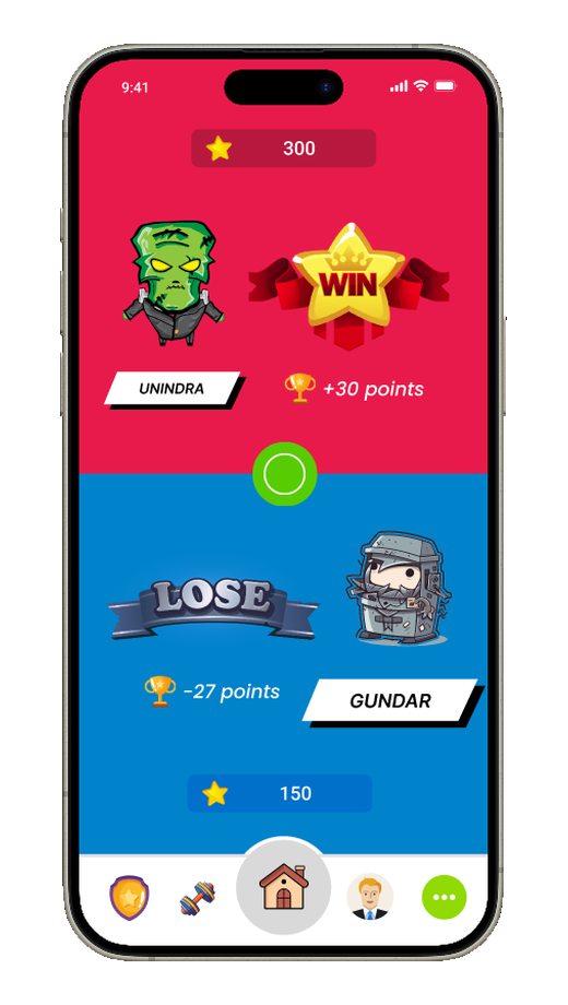 PVP results screen with winner, loser, and point changes